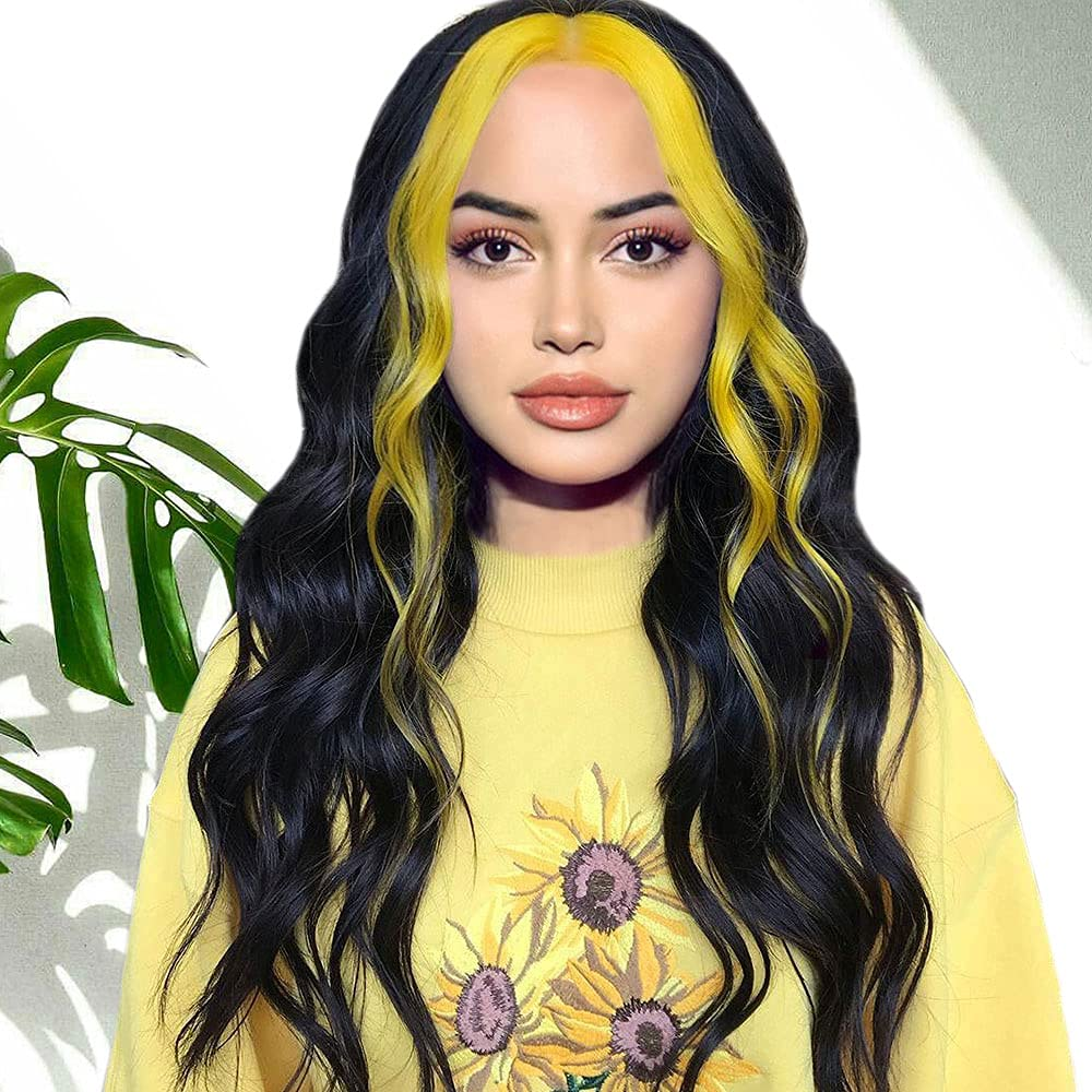 Long Wavy Highlight Black/Yellow Middle Part Wigs