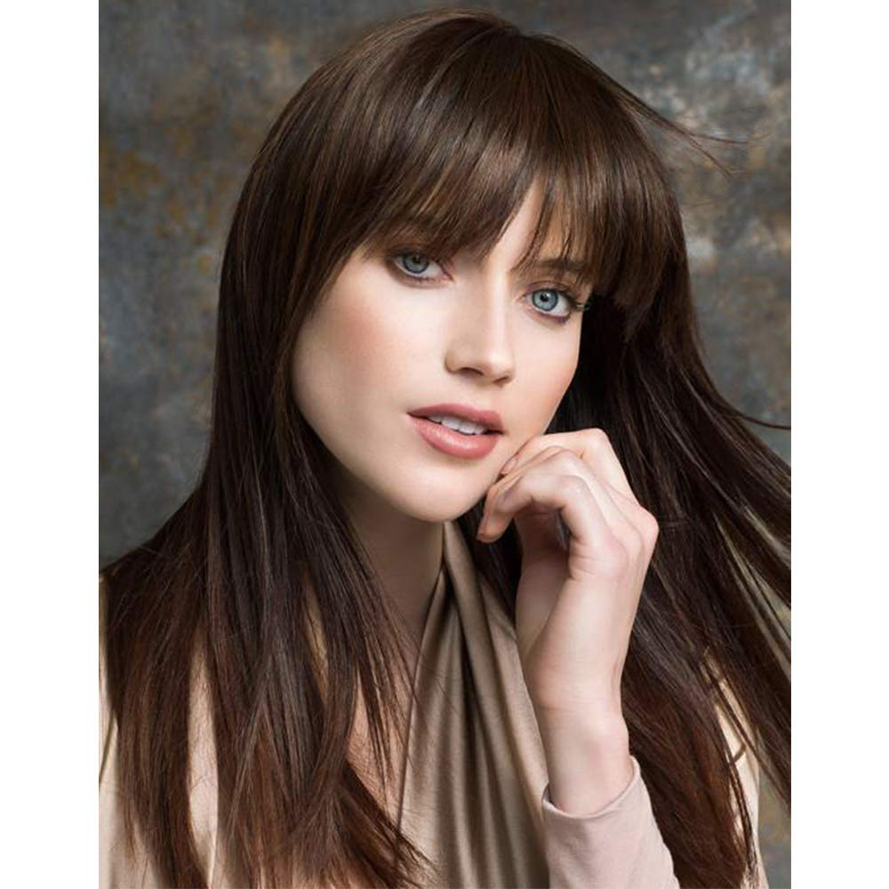 Dark Brown Long Wavy Human Hair Wig with Bangs
