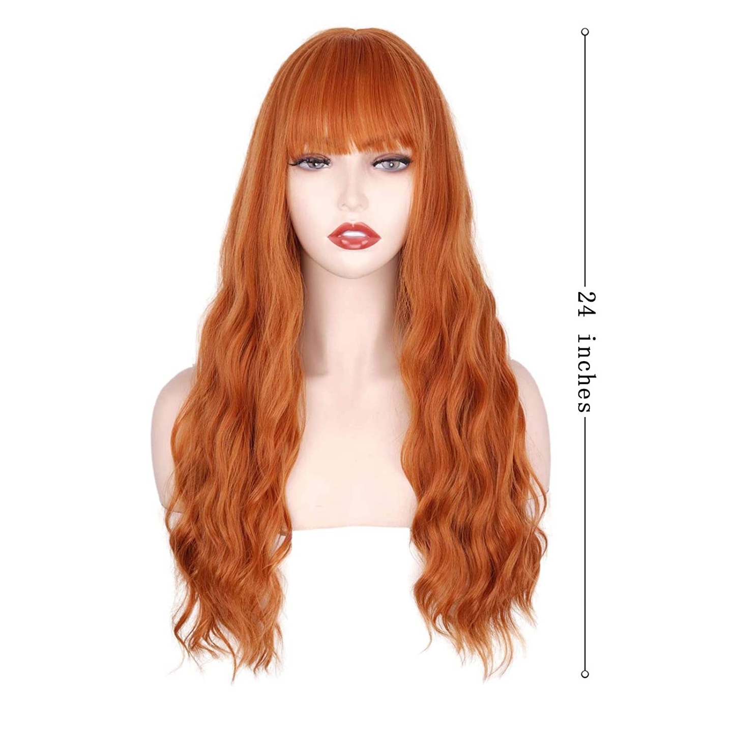 24 Inches Long Wavy Orange Wig with Bangs For Women