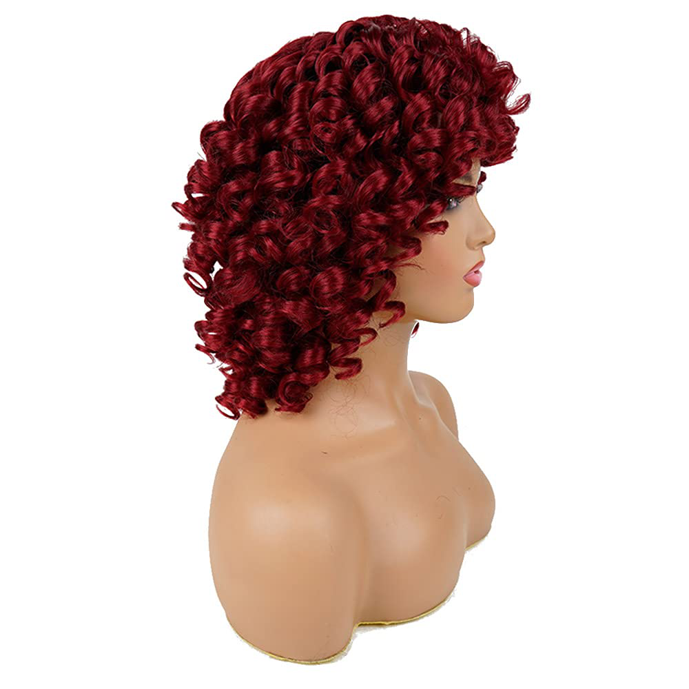 Short Loose Curly Wigs Fluffy Weave Curl Afro Synthetic Hair Wig Natural Daily Half Wigs for Black Women and White Women Breathable Rose Net Wigs (Red)