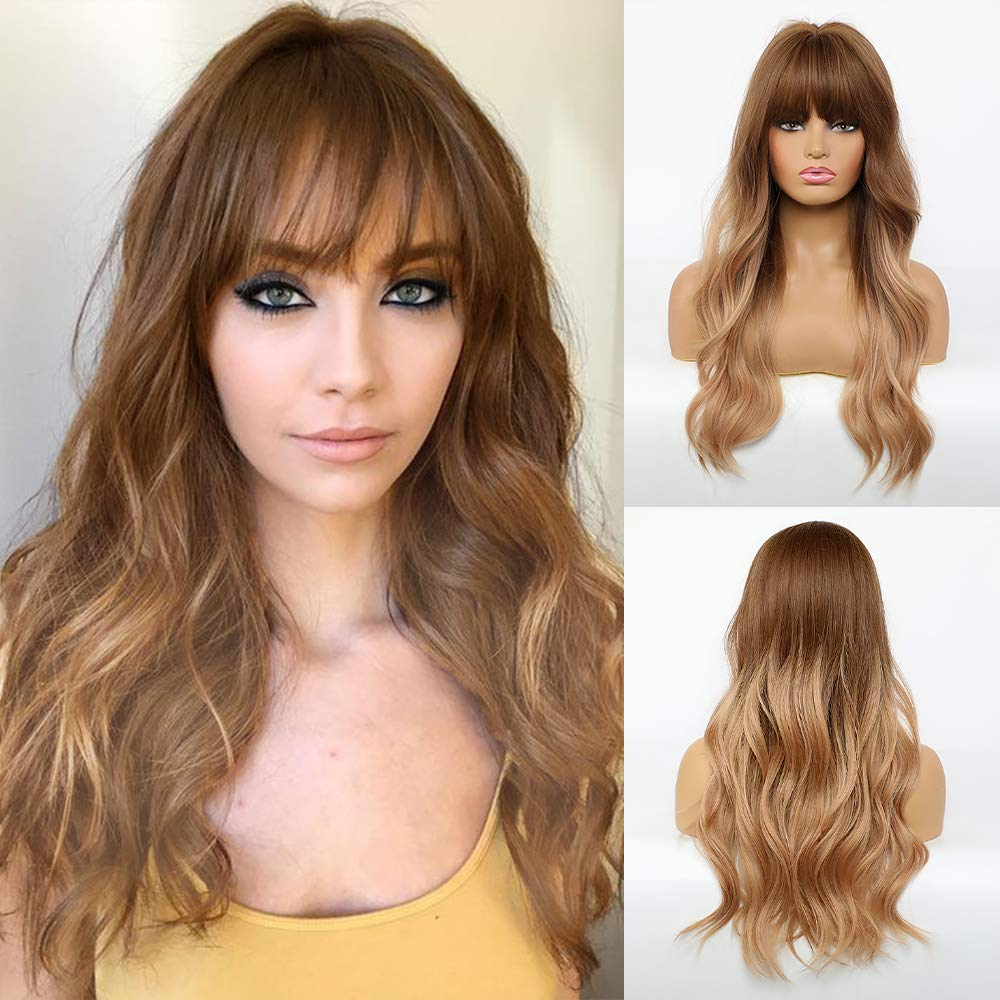 Ombre Blonde Natural Wavy Wig with Bangs