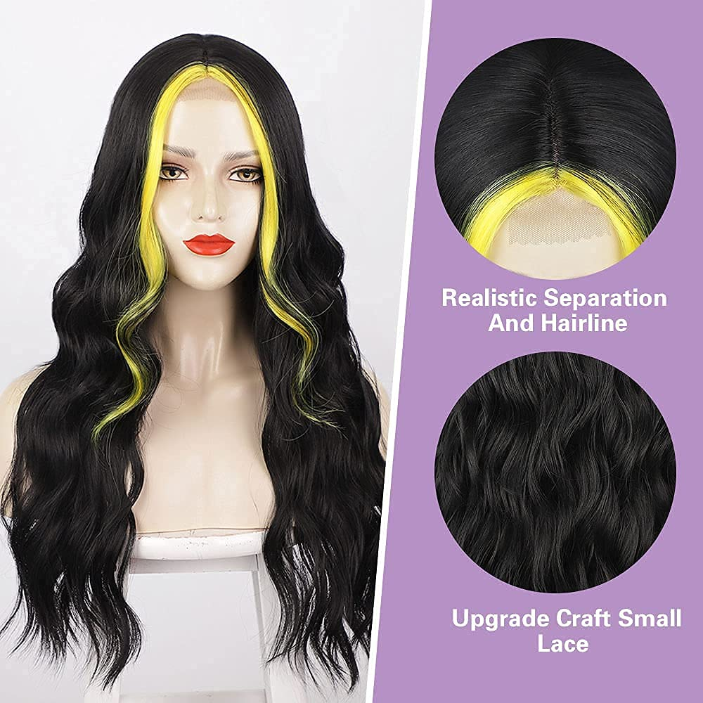 Long Wavy Highlight Black/Yellow Middle Part Wigs