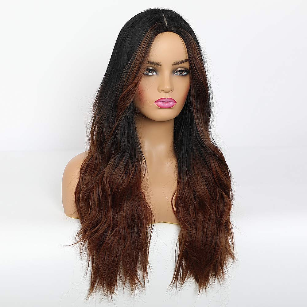 Long Ombre Black Brown Natural Wavy Wig