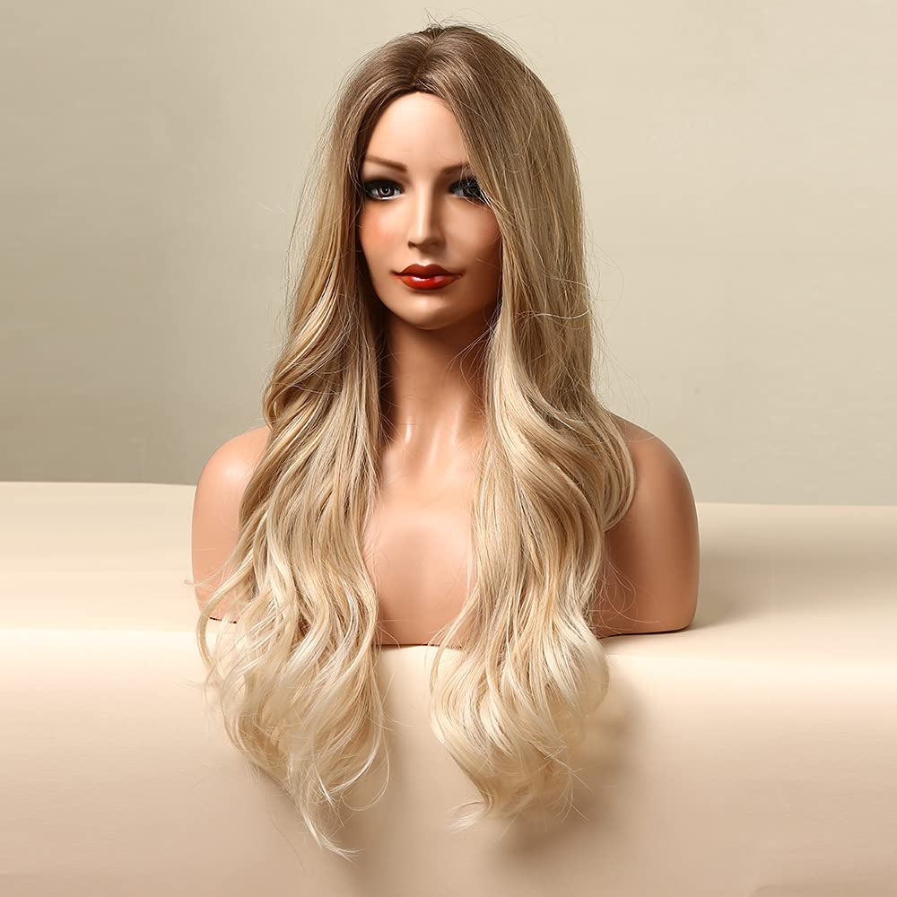 Long Ombre Light Brown to Blonde Natural Wave Full Wig