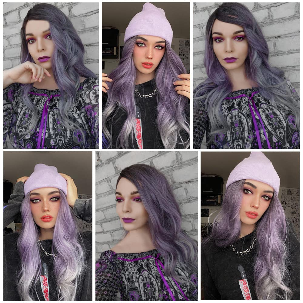 Long Wavy Ombre Purple Gray Full Wig