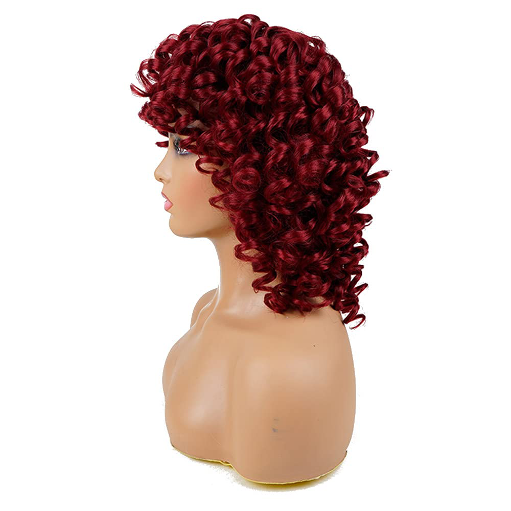 Short Loose Curly Wigs Fluffy Weave Curl Afro Synthetic Hair Wig Natural Daily Half Wigs for Black Women and White Women Breathable Rose Net Wigs (Red)