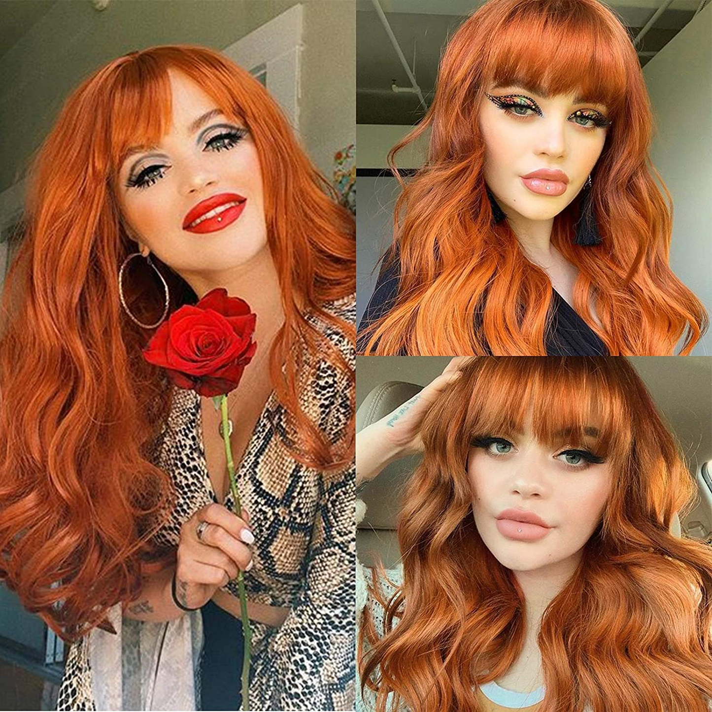 24 Inches Long Wavy Orange Wig with Bangs For Women
