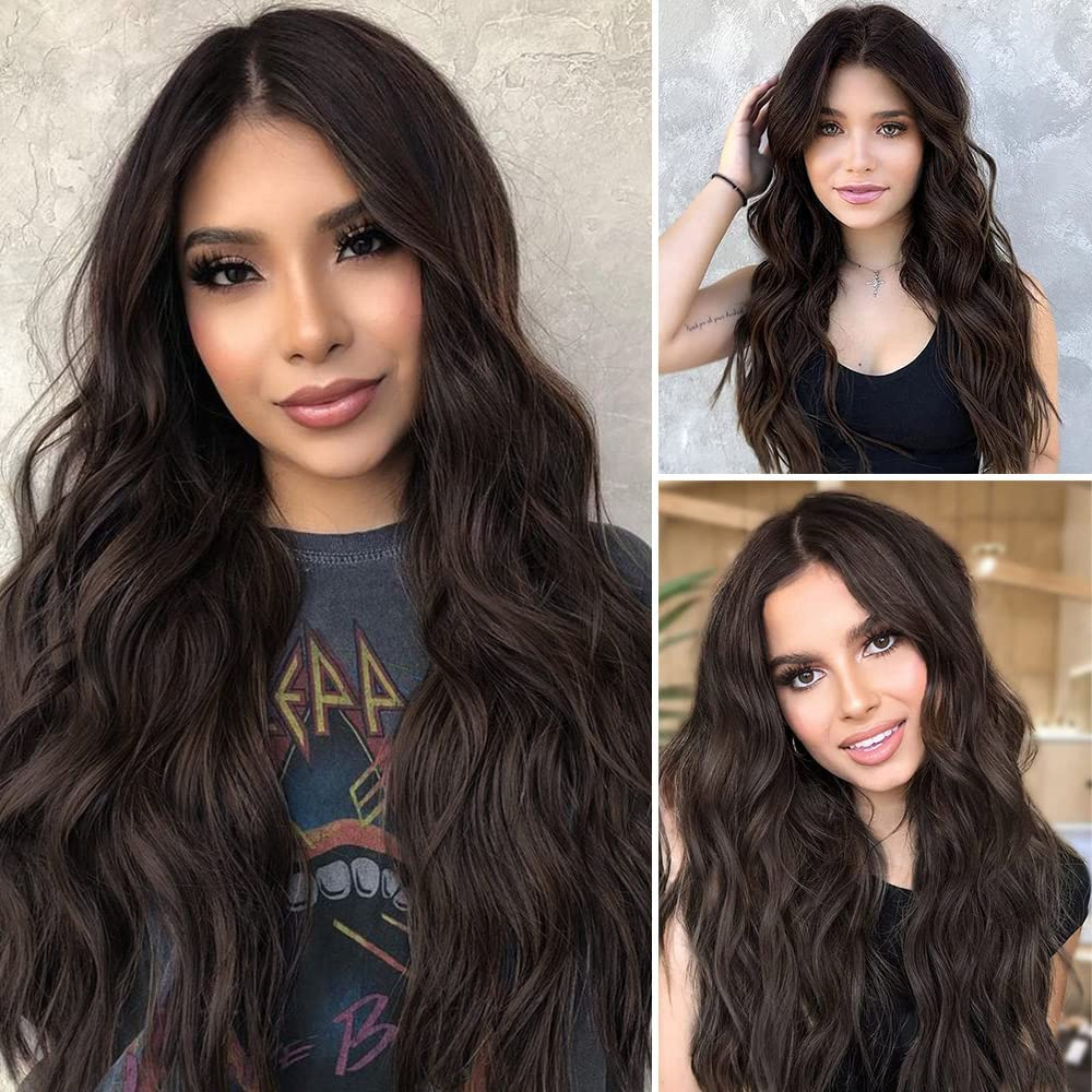 Dark Brown Long Wavy Middle Brown Wigs for Women