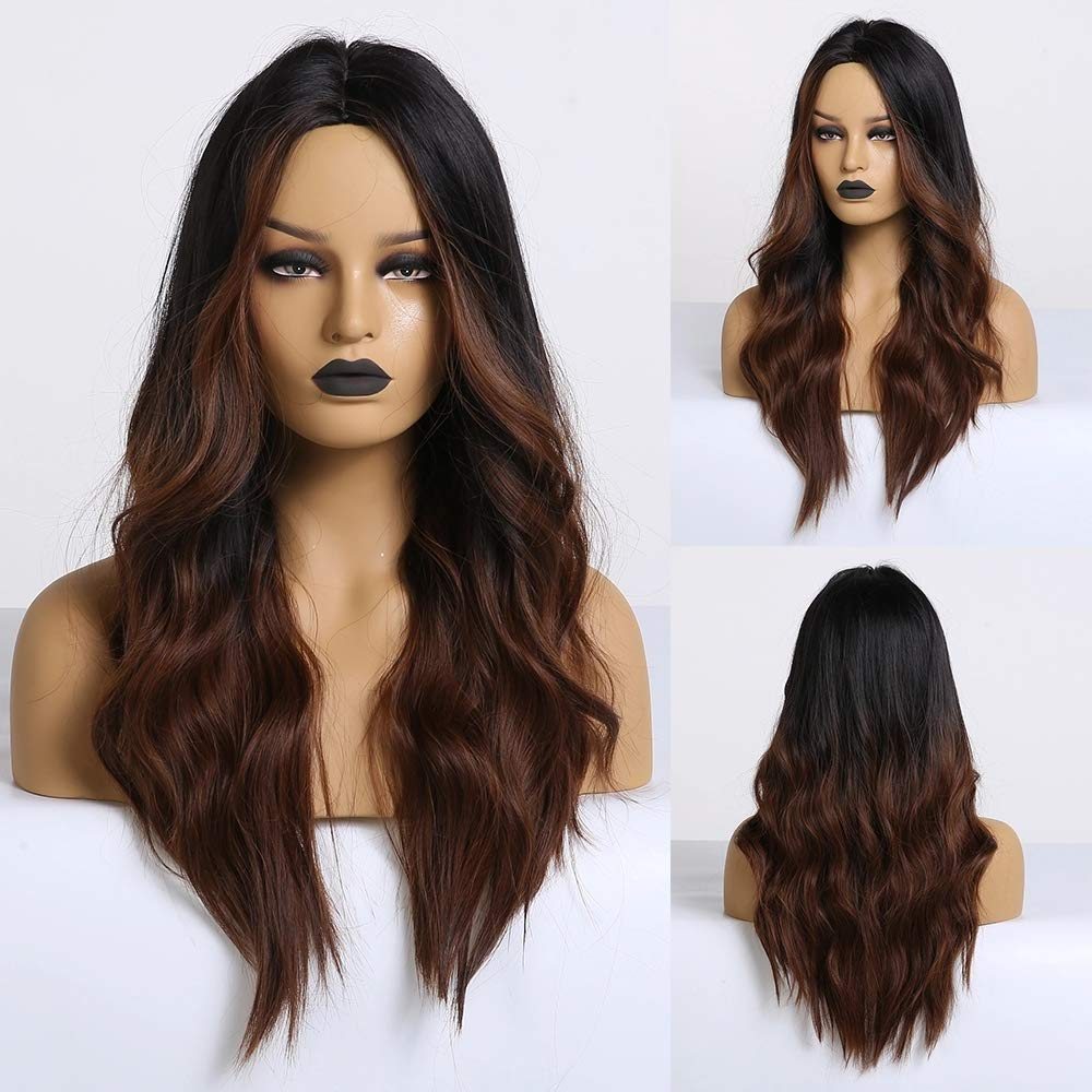 Long Ombre Black Brown Natural Wavy Wig