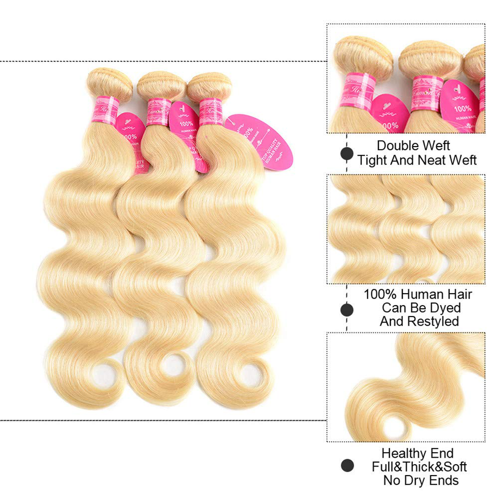 Body Wave Brazilian Human Hair Weave Bundles with Closure Virgin Hair |613 Blonde Hair