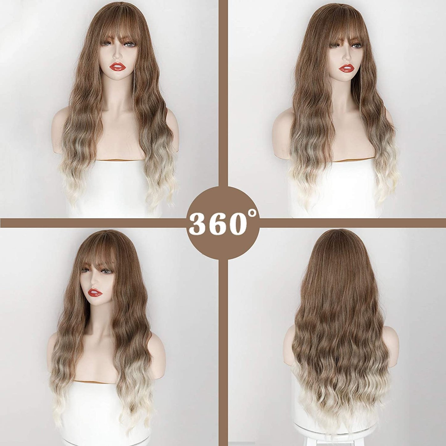 Long Ombre Brown Blonde Full Wavy Wig With Bang