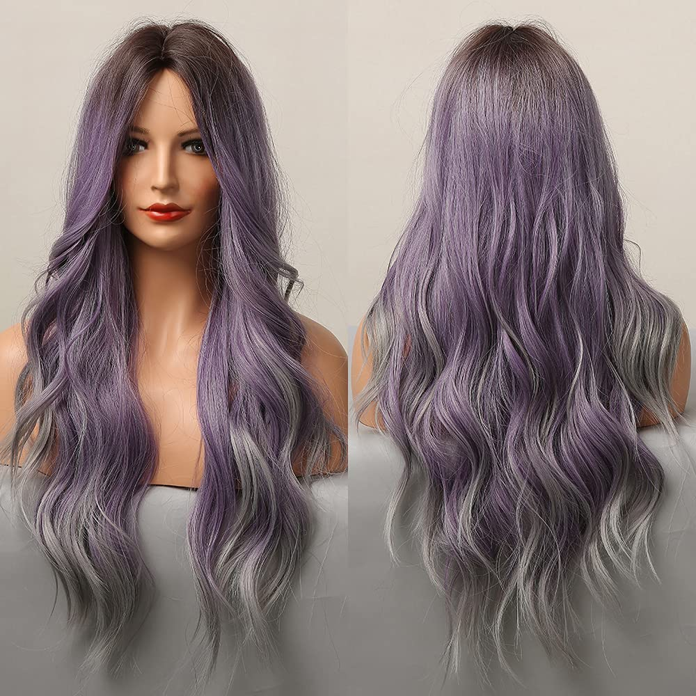 Long Wavy Ombre Purple Gray Full Wig