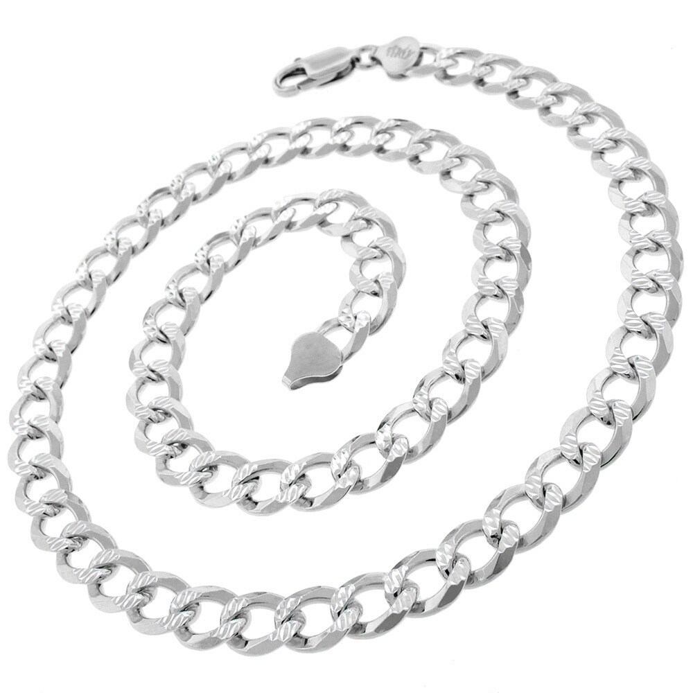 .925 Solid Sterling Silver 8.5MM Cuban Curb Link Diamond-Cut Necklace