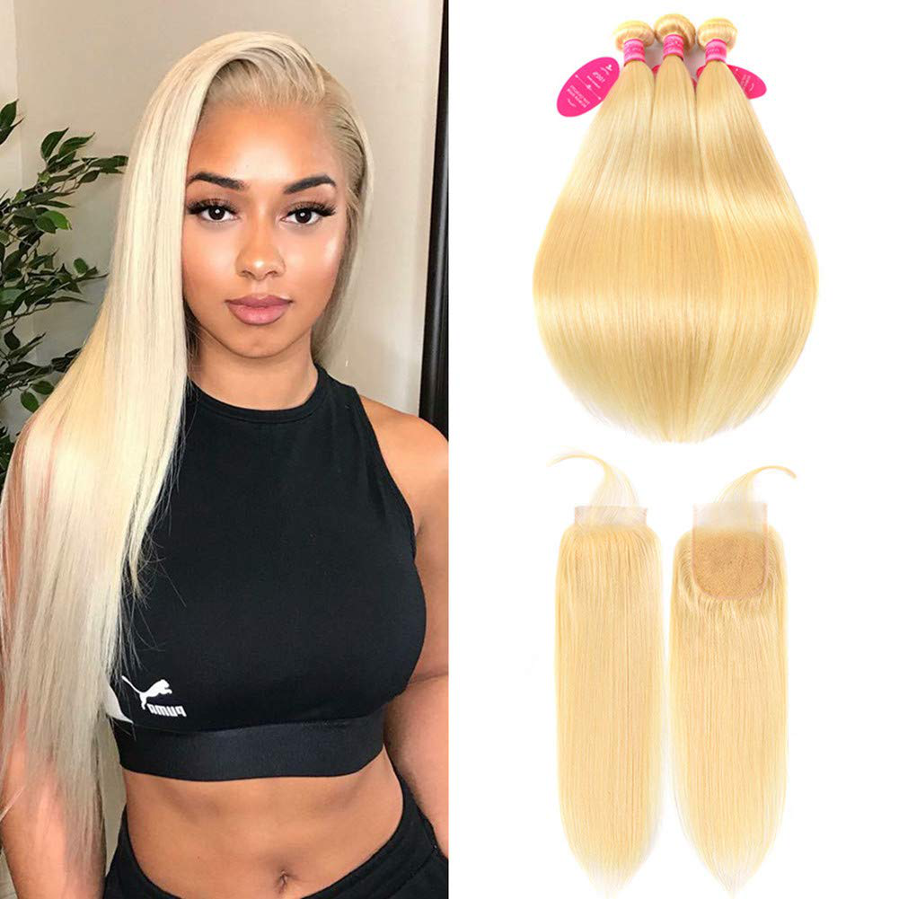 Body Wave Brazilian Human Hair Weave Bundles with Closure Virgin Hair |613 Blonde Hair