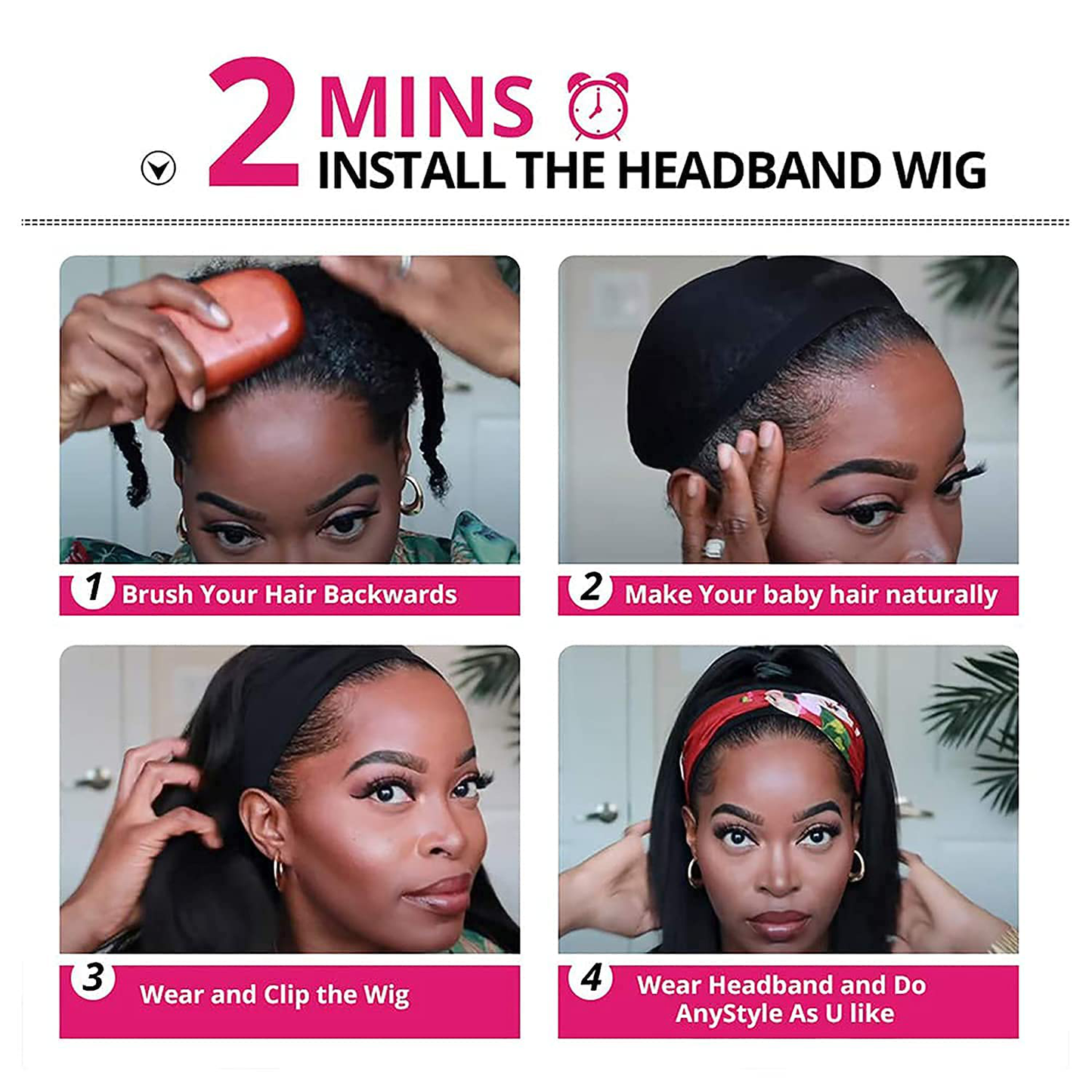 16 Inch Black Straight Brazilian Virgin Human Hair Headband Wig|Natural Color (16 Inch)