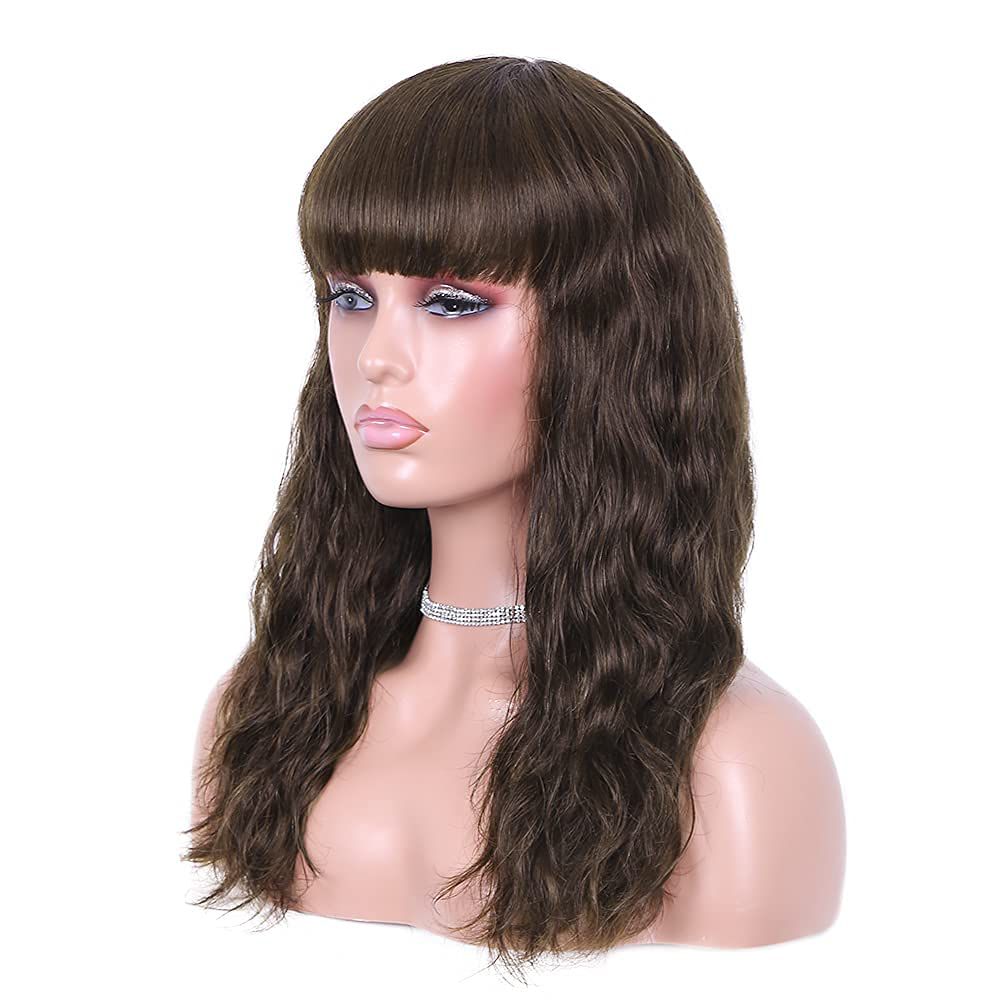 Short Bob Wavy Human Hair Wig with Bangs|Dark Brown-Black-Wine Red Wigs