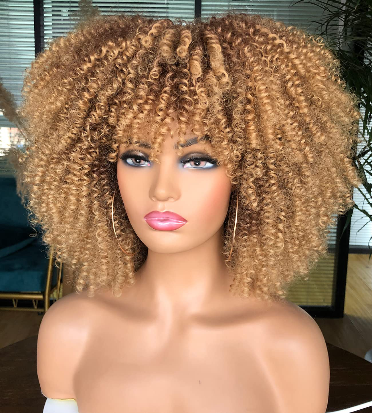 Short Kinky Curly Wig With Bangs Full Wig