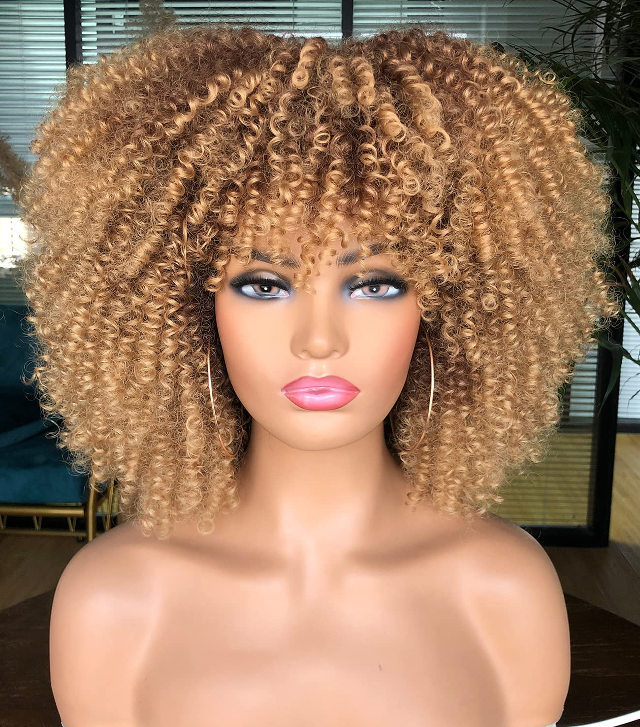 Short Kinky Curly Wig With Bangs Full Wig