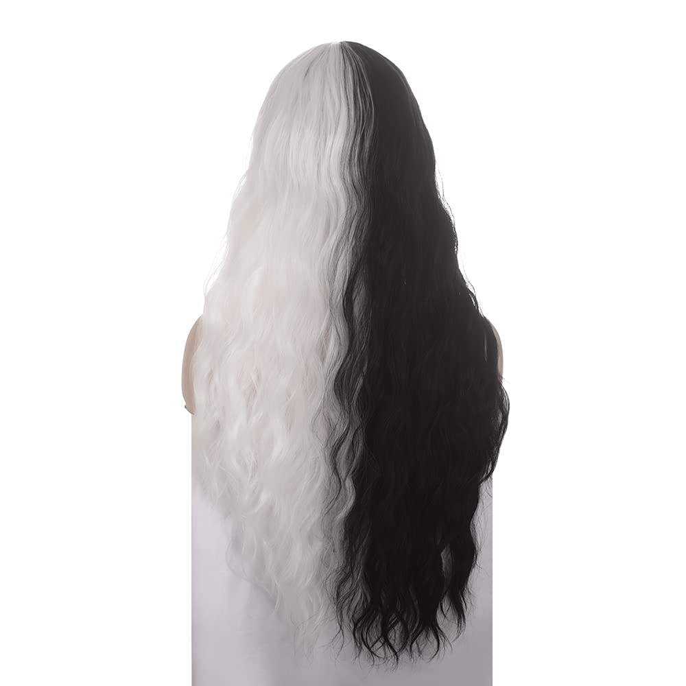 Split Dye White and Black LONG Wavy Full Wig With Bang