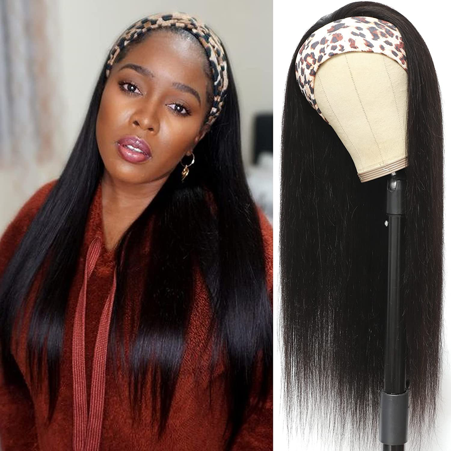 16 Inch Black Straight Brazilian Virgin Human Hair Headband Wig|Natural Color (16 Inch)