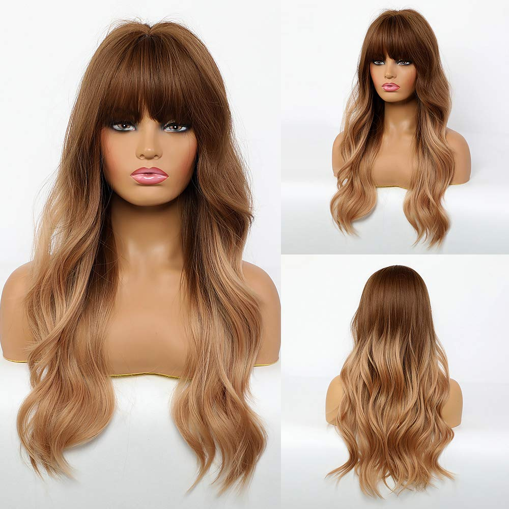 Ombre Blonde Natural Wavy Wig with Bangs