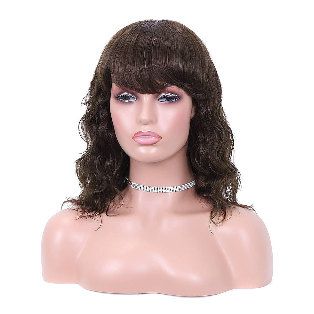 Short Bob Wavy Human Hair Wig with Bangs|Dark Brown-Black-Wine Red Wigs