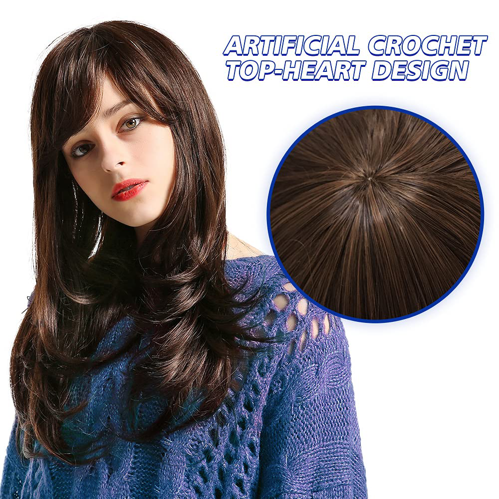 Dark Brown Long Wavy Human Hair Wig with Bangs