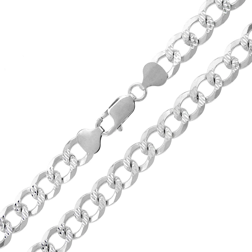 .925 Solid Sterling Silver 8.5MM Cuban Curb Link Diamond-Cut Necklace