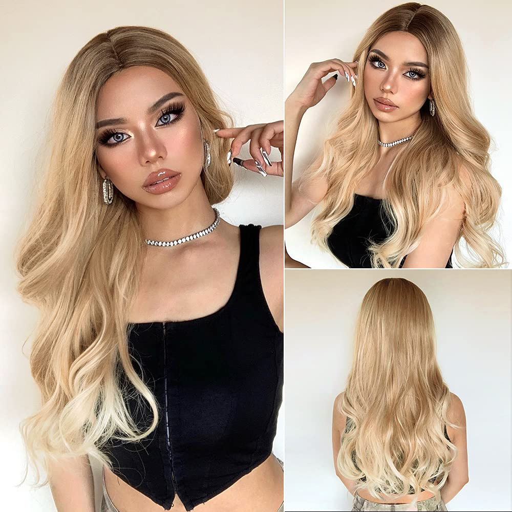Long Ombre Light Brown to Blonde Natural Wave Full Wig