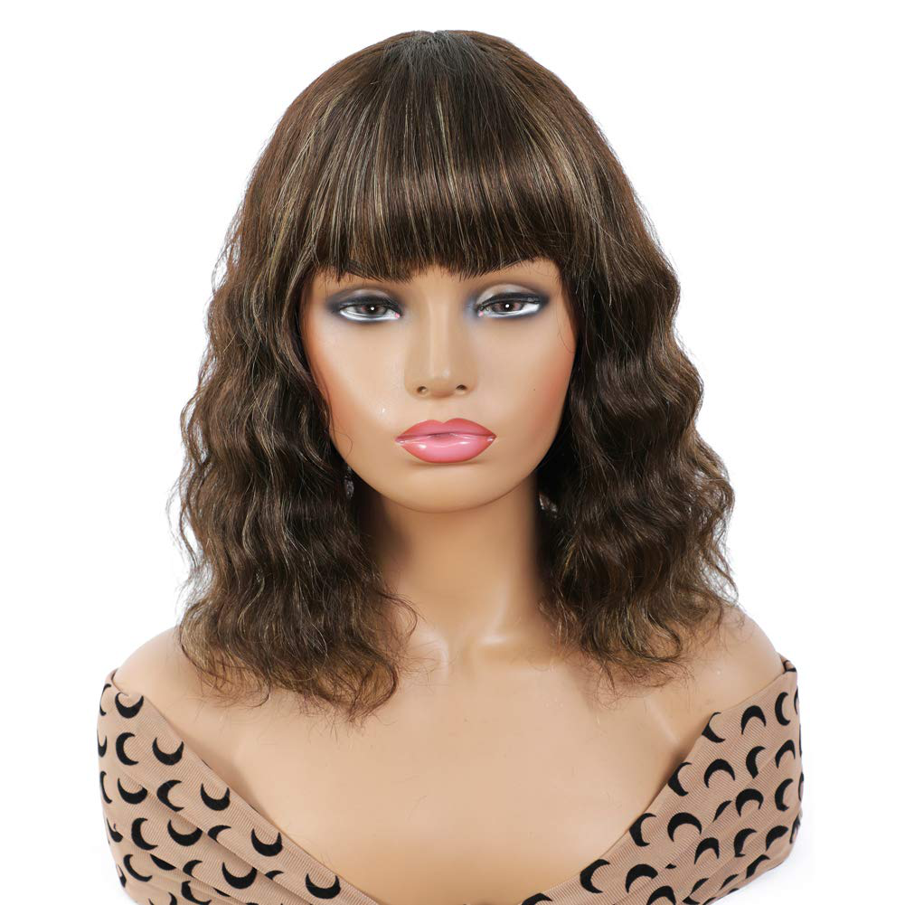 Short Bob HChocolate Brown Mix Blonde Wig ( P 4/27 #)Bangs human hair