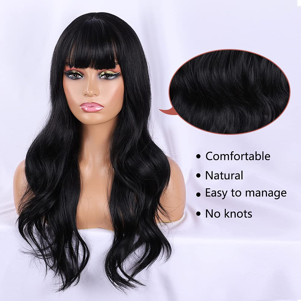 Long Silky Wavy Wigs with Bangs |24 Inch,Natural Black