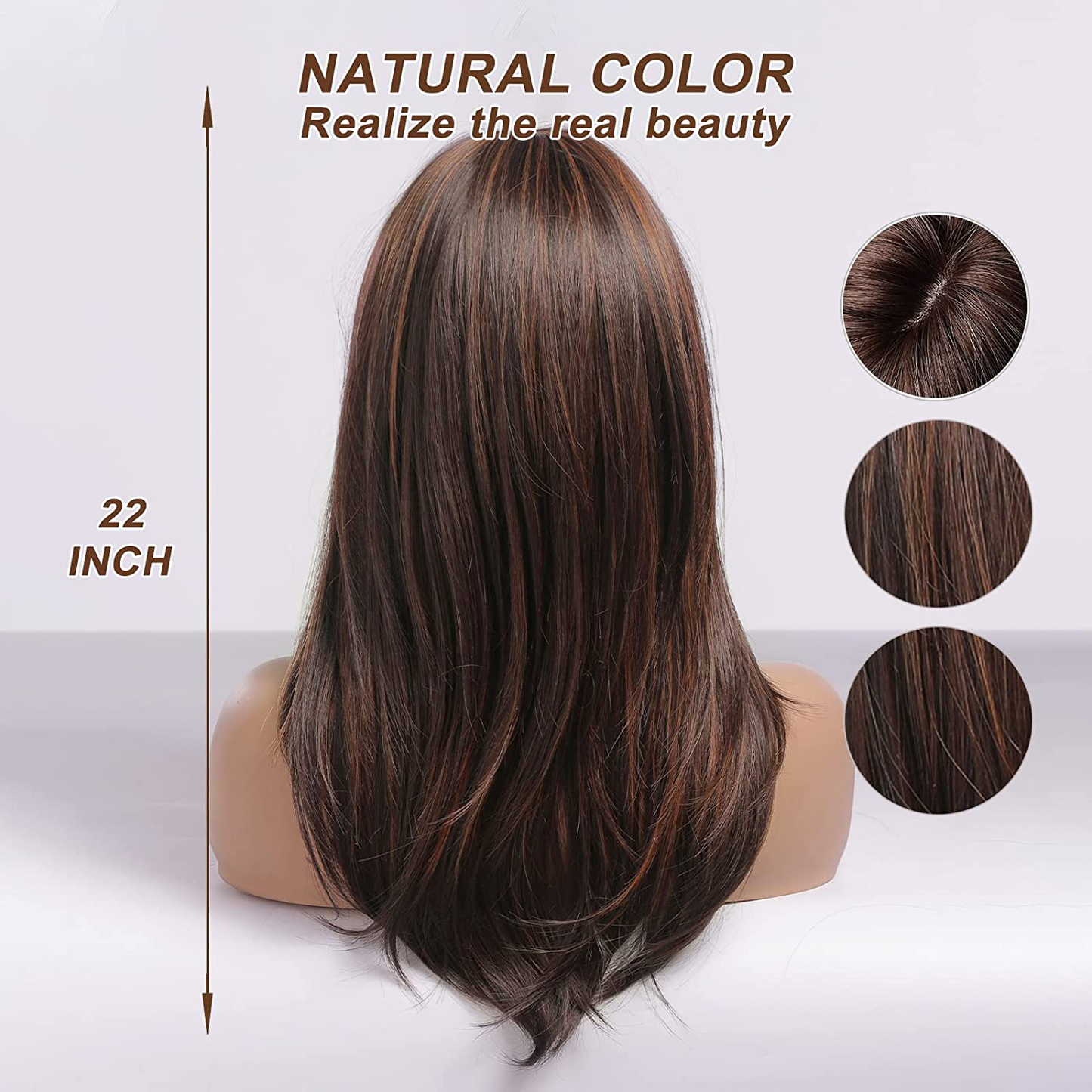 Long Straight Brown Highlight Wig with Bangs