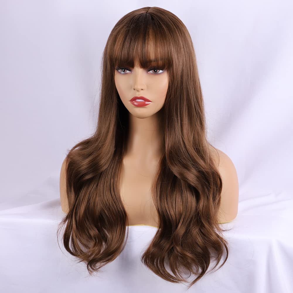 Long Light Brown Wavy Wigs With Bang