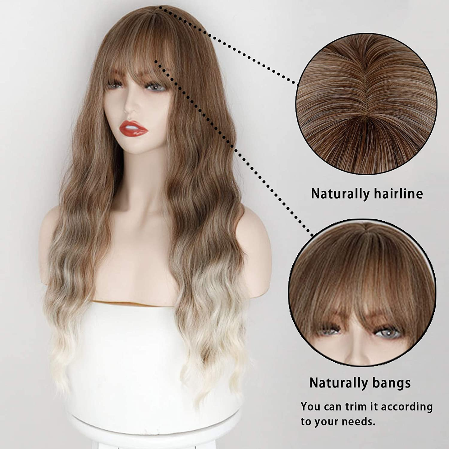 Long Ombre Brown Blonde Full Wavy Wig With Bang