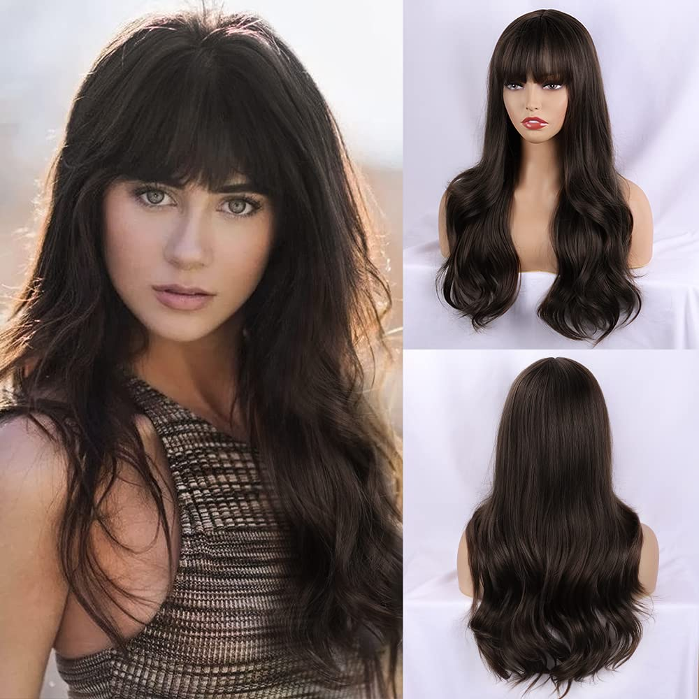 Dark Brown Long Wavy Wigs With Bang for Women