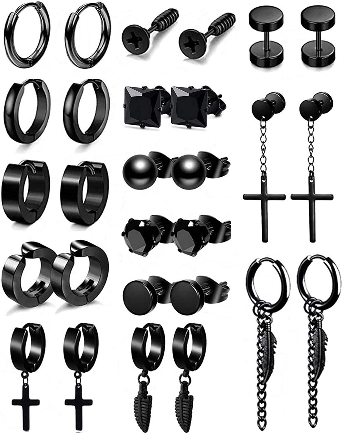 14 pairs Punk Black Hoop Dangle Stud Earrings
