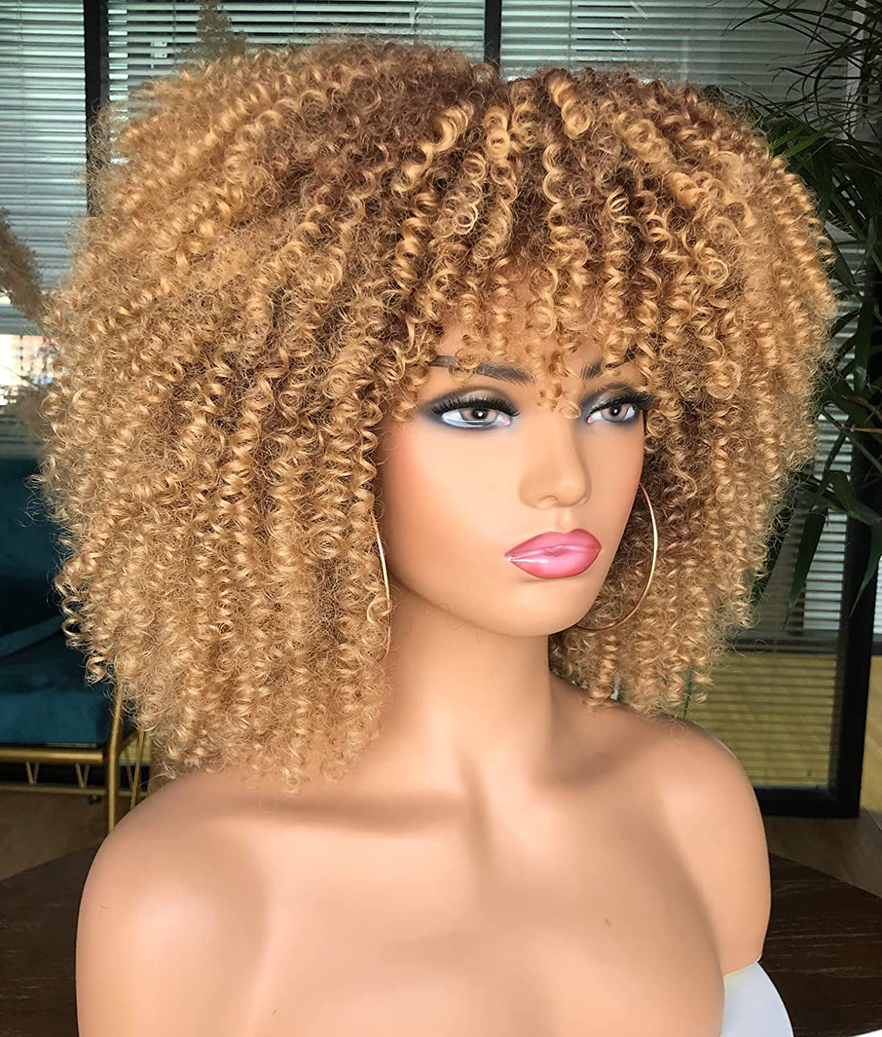Short Kinky Curly Wig With Bangs Full Wig