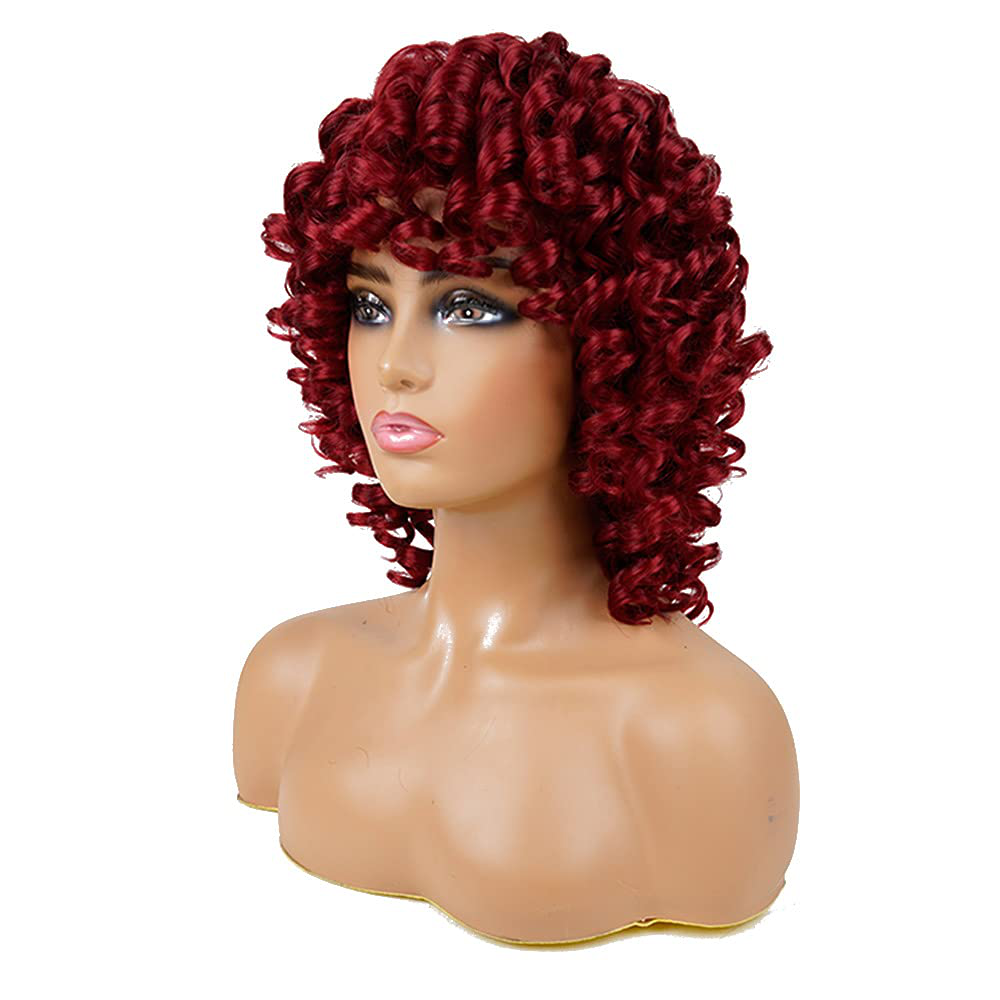 Short Loose Curly Wigs Fluffy Weave Curl Afro Synthetic Hair Wig Natural Daily Half Wigs for Black Women and White Women Breathable Rose Net Wigs (Red)