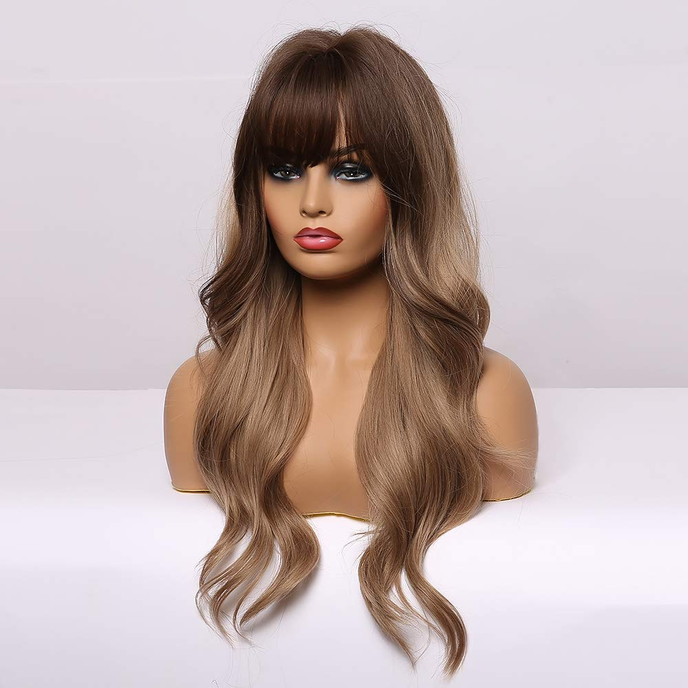 Long Wavy Dark Ashy Blonde Ombre Full Non Lace Bang Wig