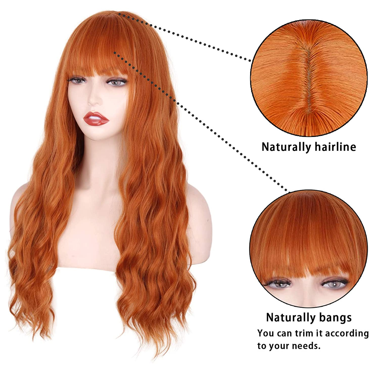 24 Inches Long Wavy Orange Wig with Bangs For Women
