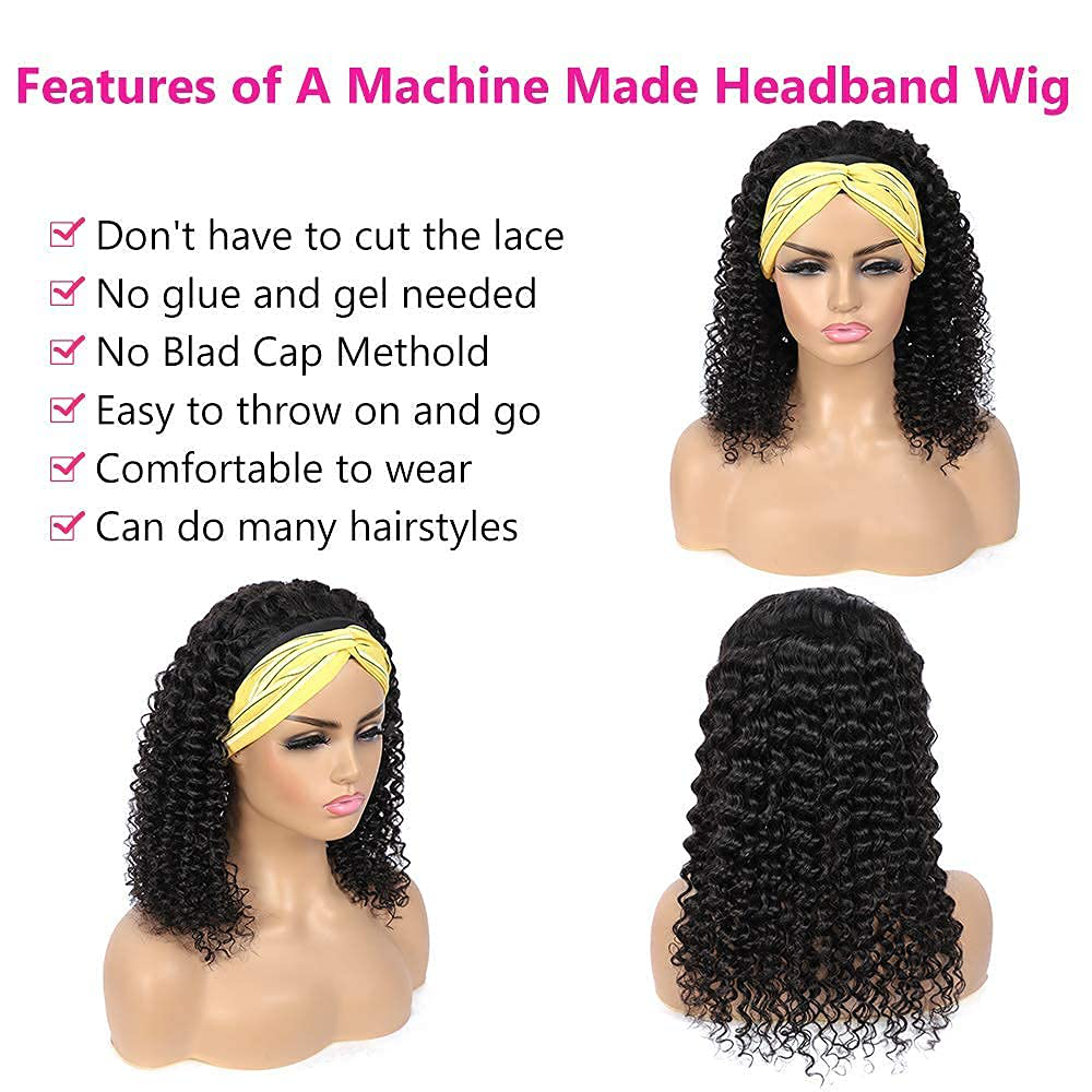 12Inch Short Bob Curly Brazilian Virgin Human Hair Headband Wig| Natural Black Color,Natural Black Color
