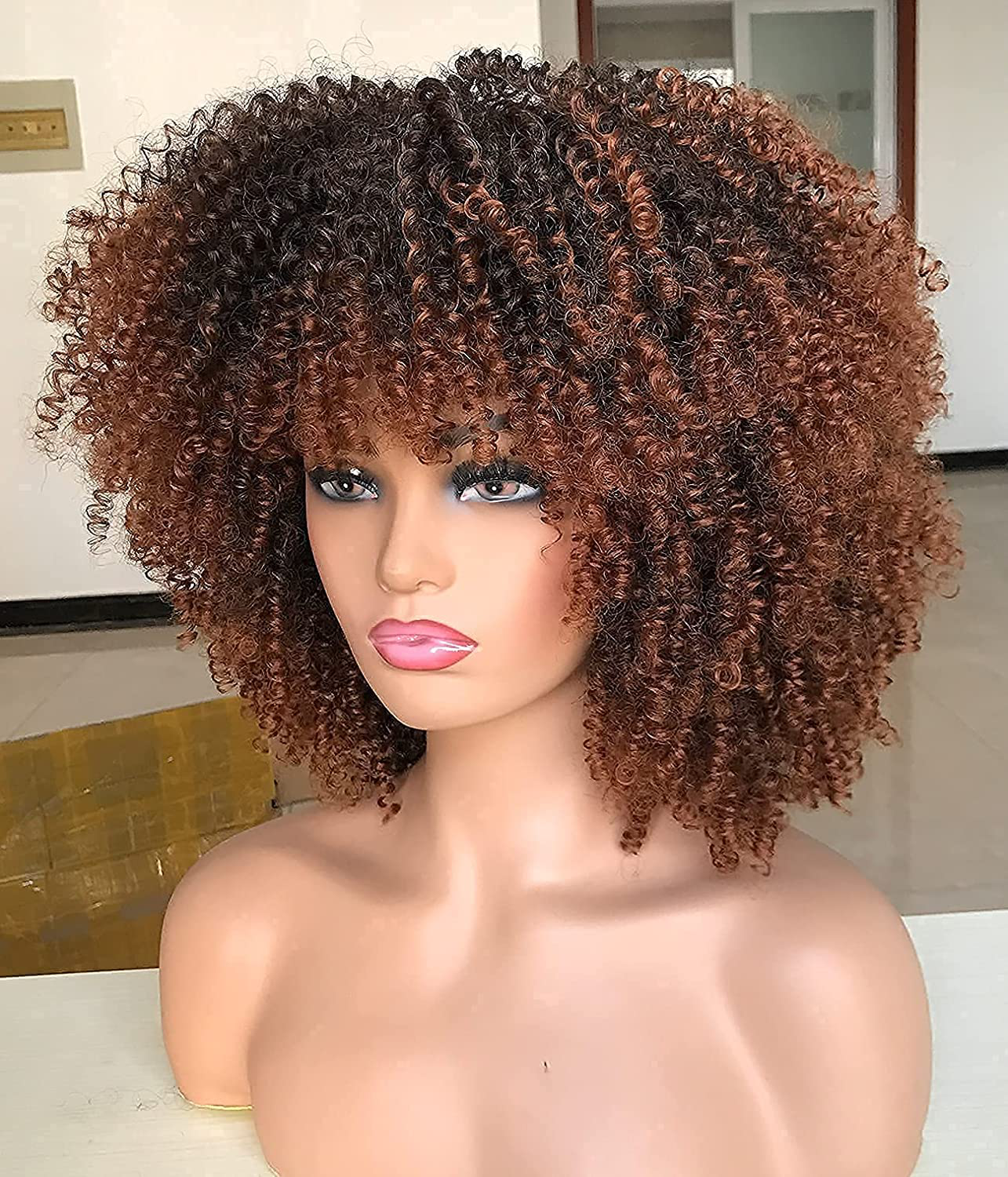 Ombre Brown 14 Inch Short Bob Kinky Curly Full Wig