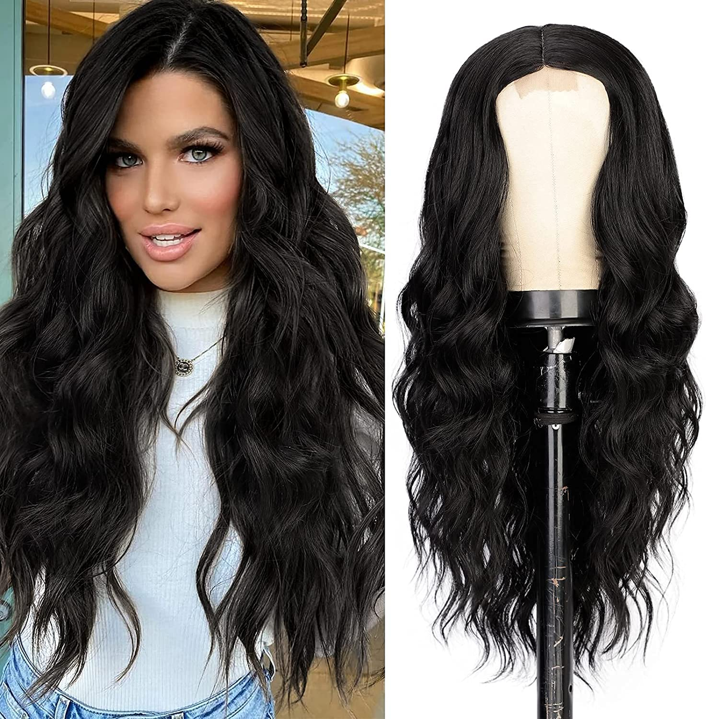 Long Black Wavy Wigs for Women Middle Part Black Curly Wig Heat Resistant Synthetic Wig Natural Looking Wigs for Daily Party Use