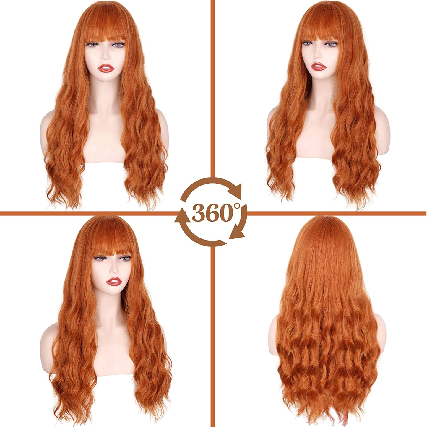24 Inches Long Wavy Orange Wig with Bangs For Women
