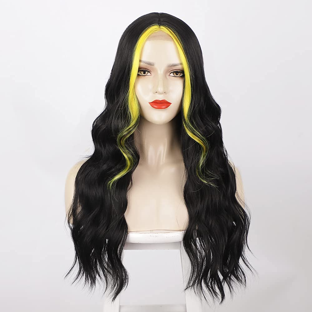 Long Wavy Highlight Black/Yellow Middle Part Wigs