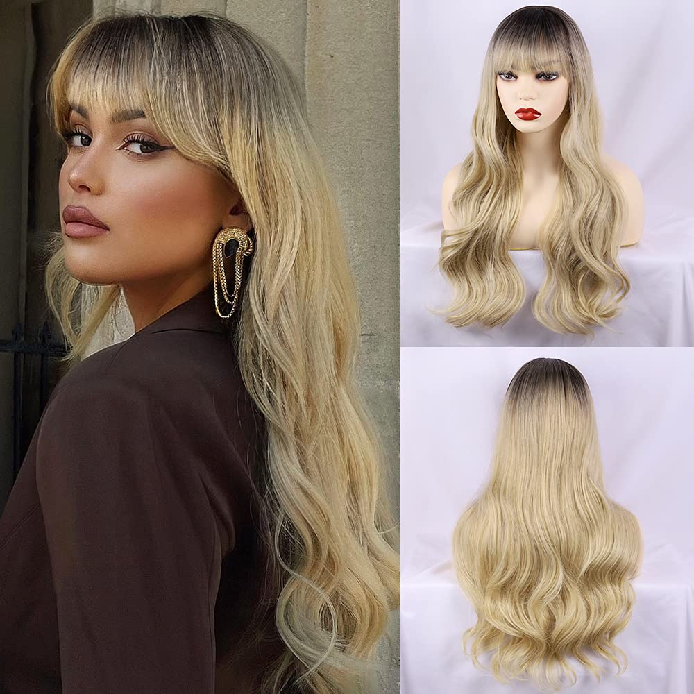 Long Ombre Blonde Non Lace Wig with Bangs