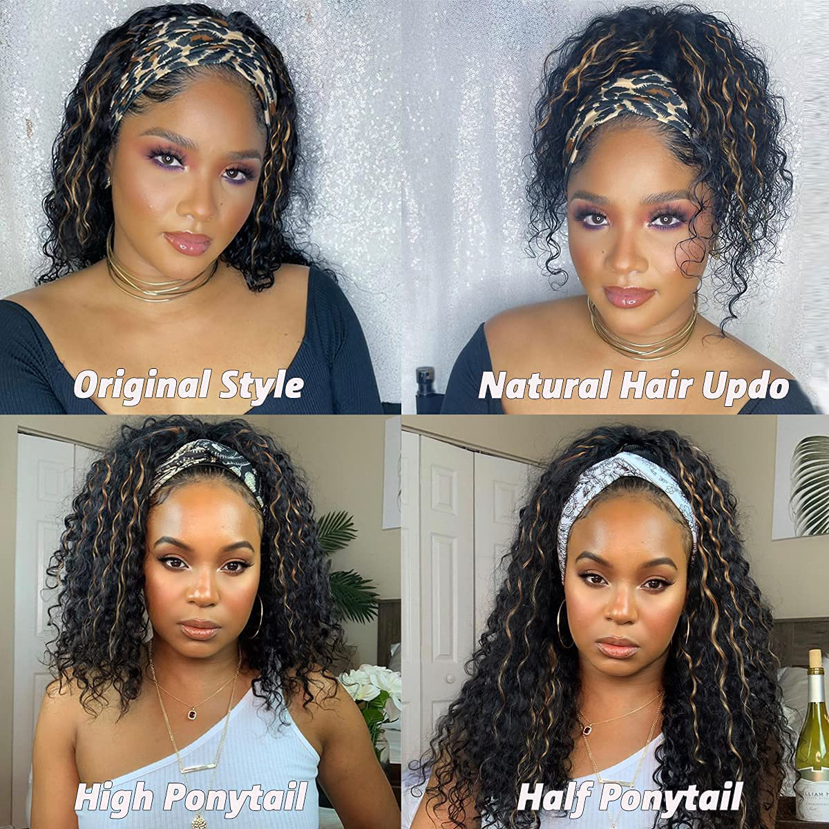 12Inch Short Bob Ombre Highlight Human Hair Curly Headband Wigs