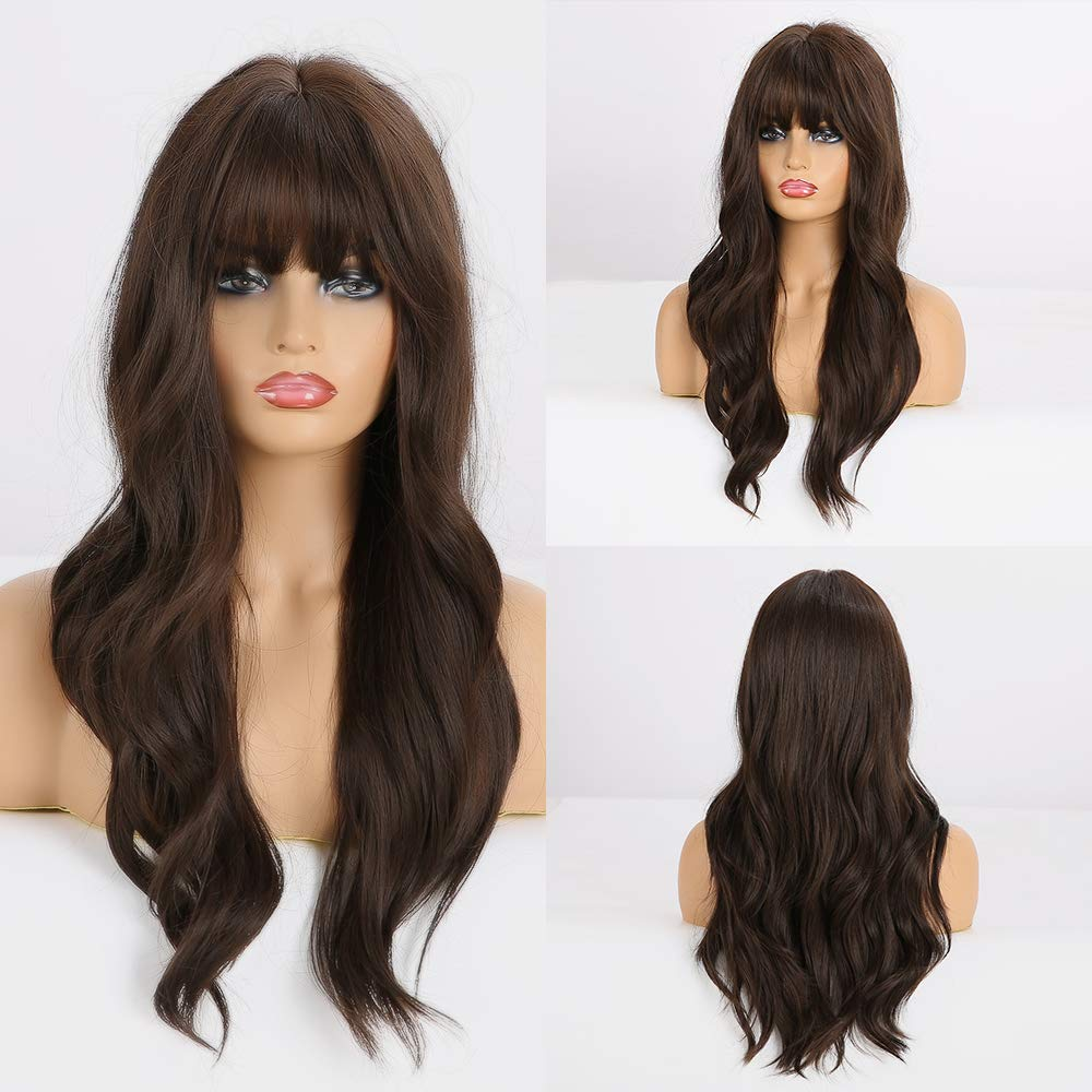 Long Natural Wavy Brunette Wigs With Bangs