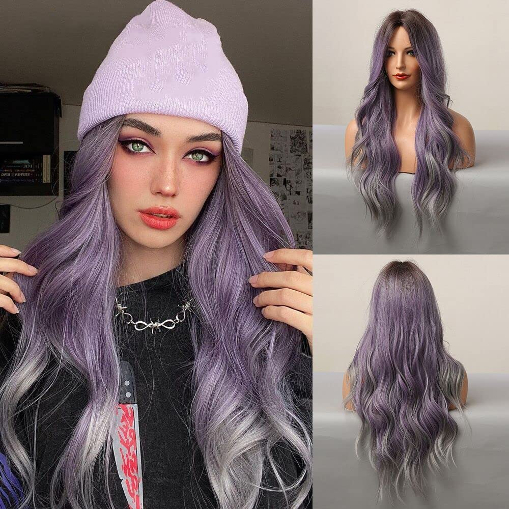 Long Wavy Ombre Purple Gray Full Wig