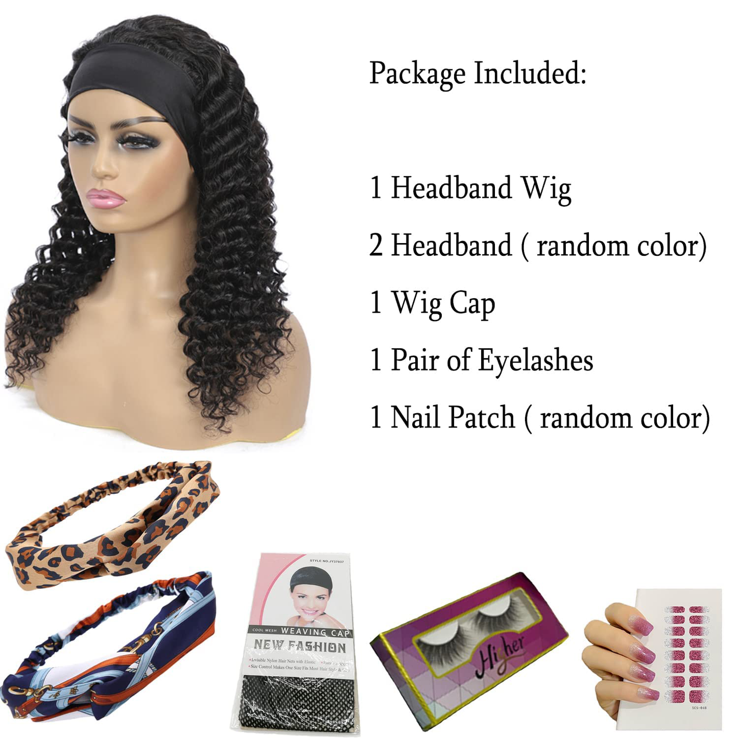 Short Curly Deep Wave Headband Brazilian Virgin Hair Wig | Natural Color|16 Inch Headband Wig